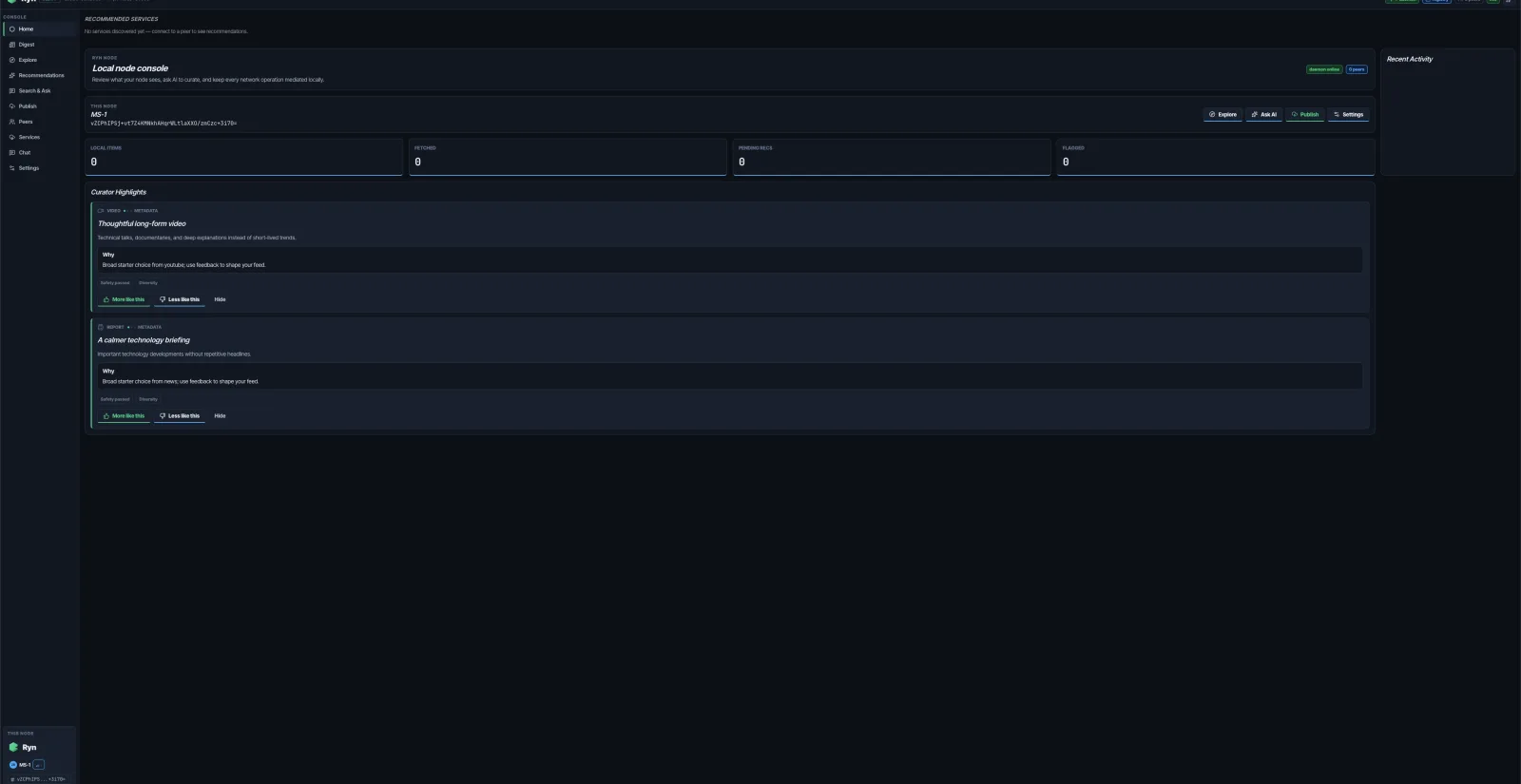 RynMesh local node home screen showing daemon status, local identity, recommendation highlights, and node counters